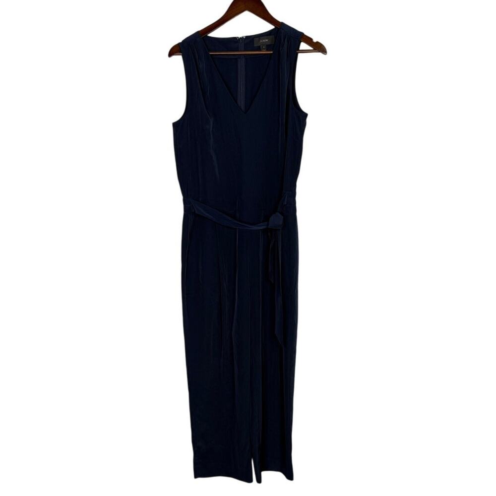 J Crew Sleeveless Satin Effect OnePiece Jumpsuit Elastic Tie Waist Pocket 6 Blue - Picture 2 of 15
